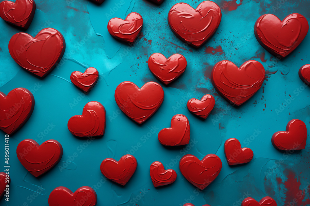 Red hearts on turquoise background. Valentine's Day design Red hearts on turquoise background. Valentine's Day design