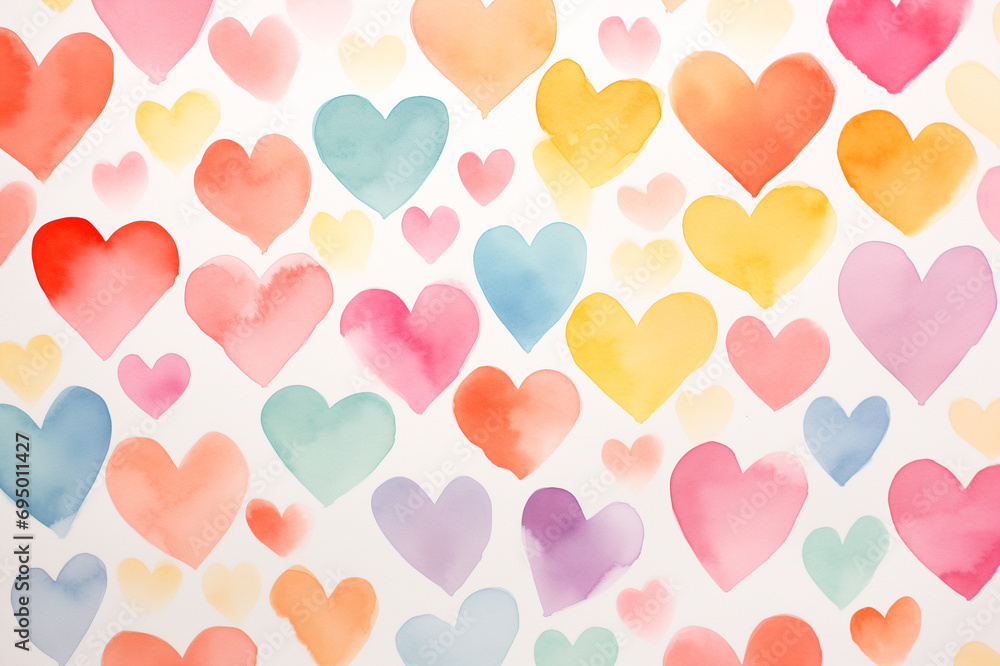 Cute colorful hearts painted with watercolor on white background. Valentine's Day background.
