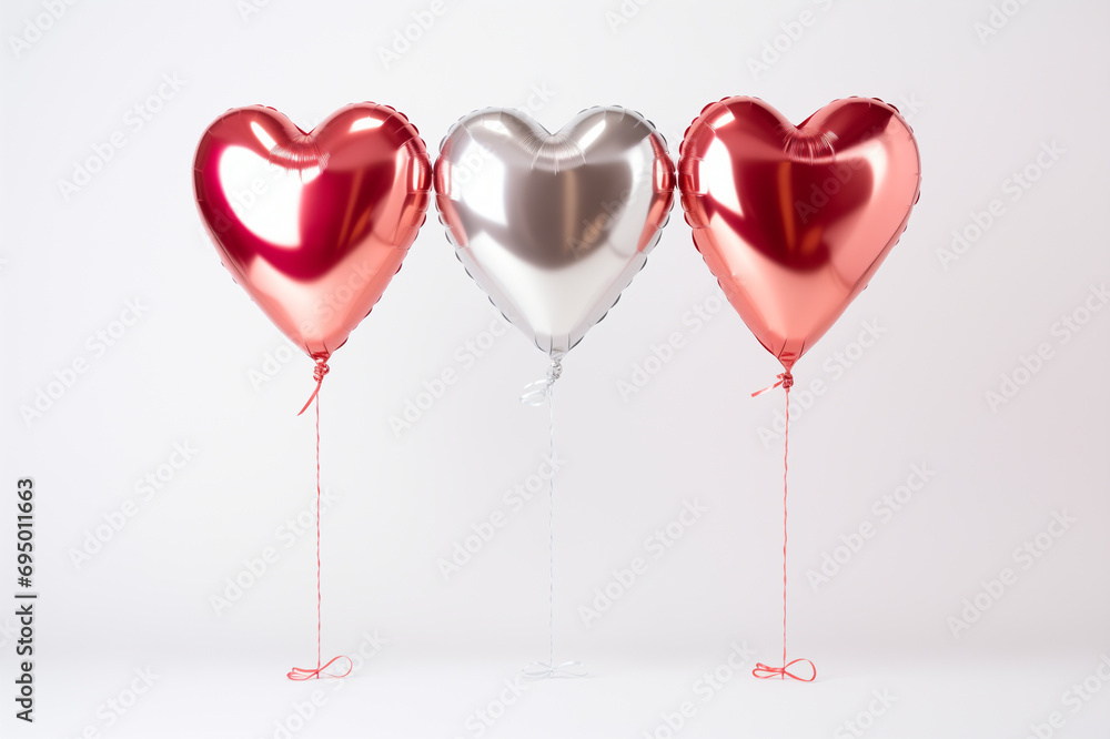 Heart-shaped aluminum foil balloons against white background. 