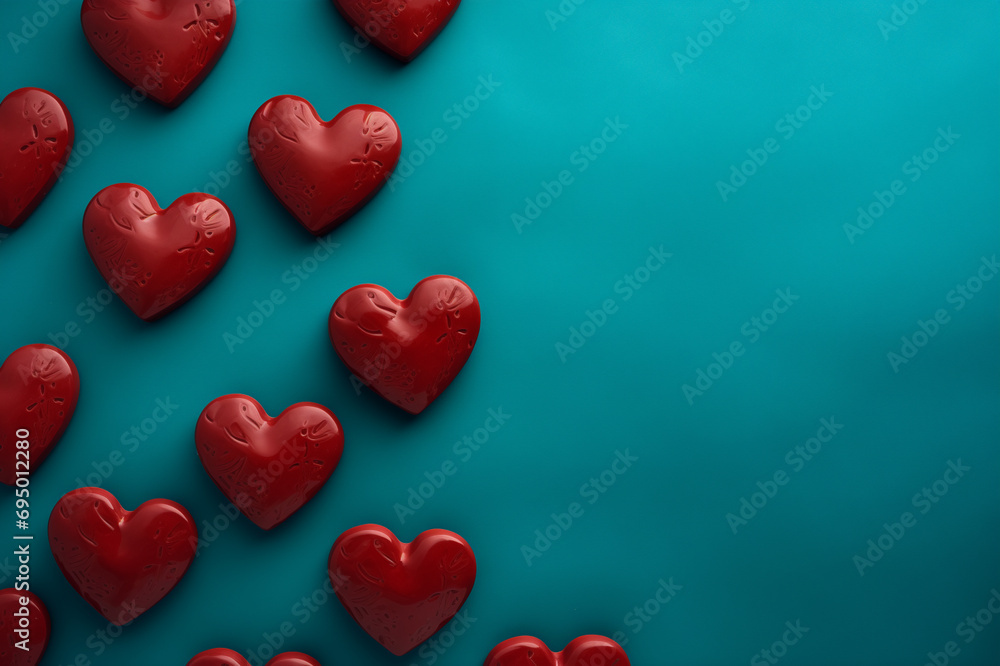 Cute little ceramic hearts on turquoise background. Red and green composition. Valentine's Day background. 