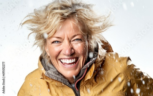 Mid-shot portrait photography of a smiling mature woman in her fifties wearing a windbreaker against white pearl background. happy mature woman wearing a lightweight windbreaker. Generative ai photo