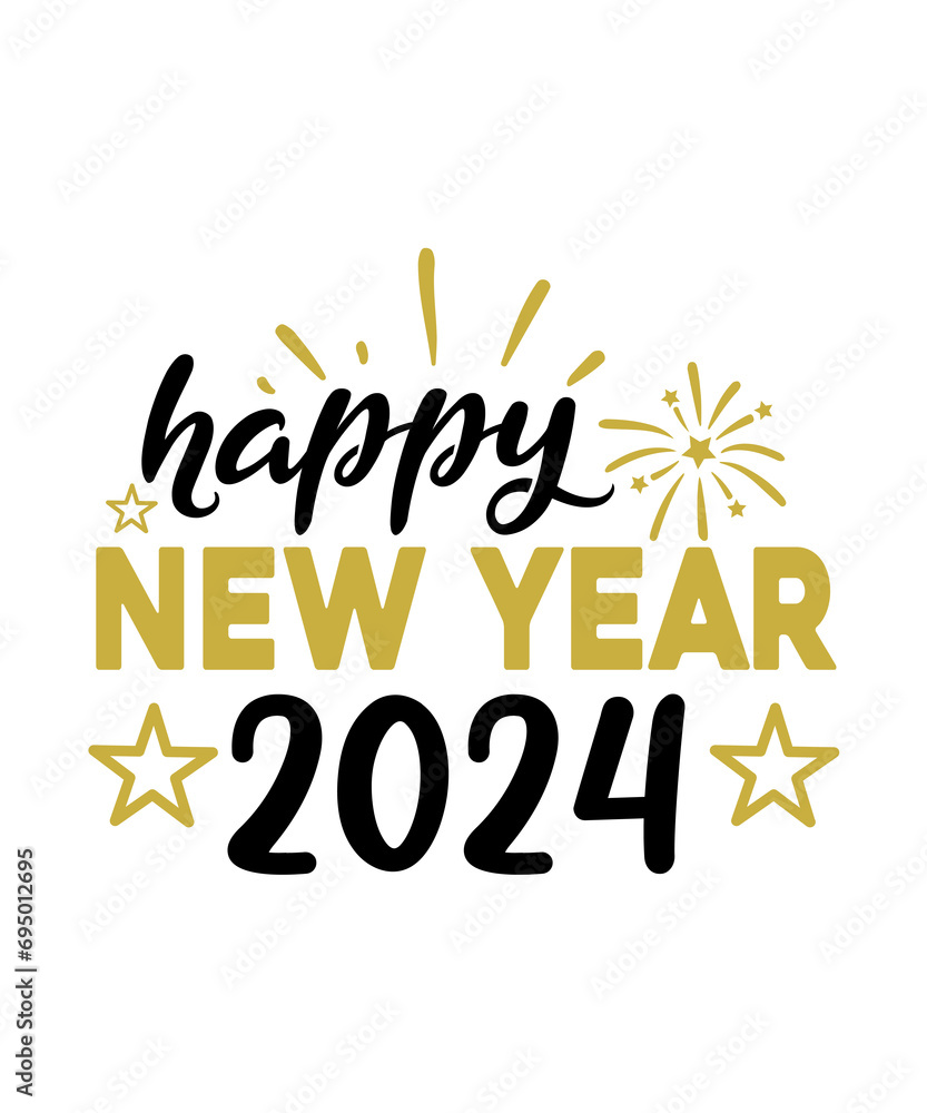 New Year 2024 text design for T-shirts and apparel, happy new year text design on plain white background for shirt, hoodie, sweatshirt, card, tag, mug, icon, logo or badge