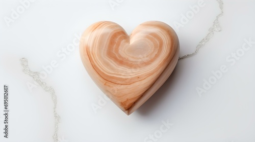 Top View of a beige Heart on a white Marble Background. Romantic Backdrop with Copy Space