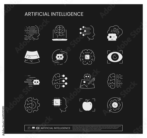 Set of artificial intelligence related icons, machine learning, smart robotic, thinking machine, humanoid robot, face recognition, ai technology possibilities and linear variety vectors.