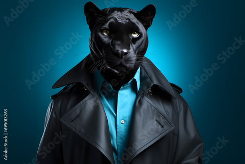 Sleek Panther with Detective s Trench Coat Portrait. Generative AI illustration