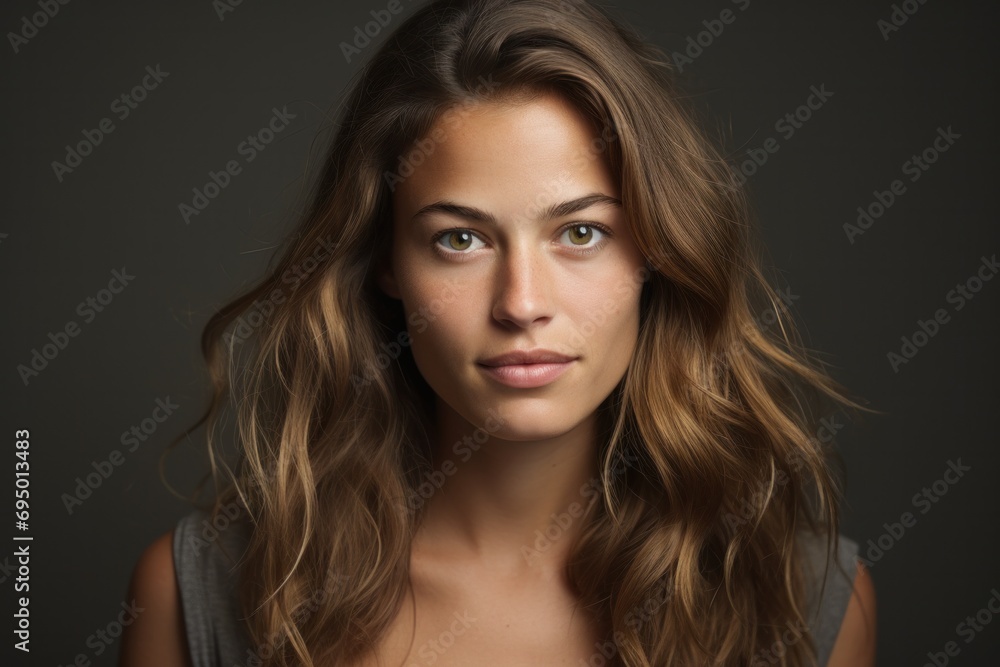 Natural Beauty: Young Woman with Lustrous Wavy Hair and a Penetrative Gaze