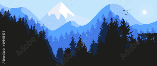 Vector flat background. Landscape with misty forest, distant mountains, dawn and birds. Drawing in blue tones. Ideal for textile design, screensavers, covers, cards, invitations and posters.