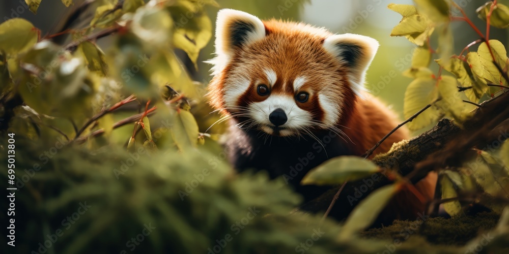 Red panda looks on, its face framed by dark foliage.