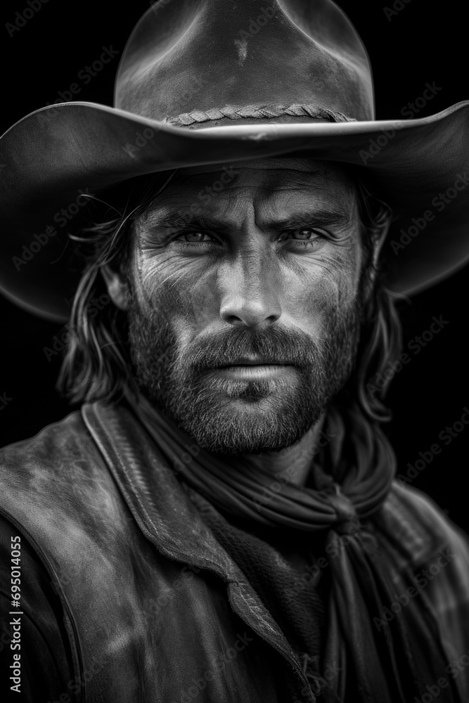 Black and white portrait of a bearded cowboy with hat. Western movie style.