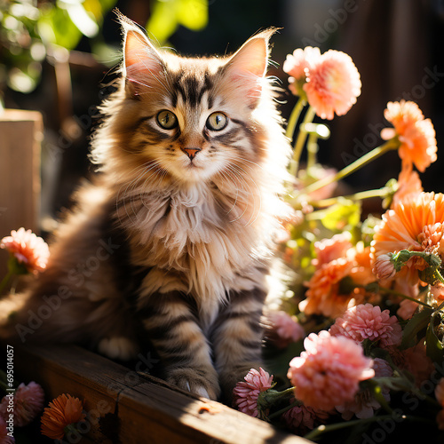 Cute white fluffy kitten of the Turkish Angora or Ragdoll breed. Cat with beautiful blue eyes in sunny day. Background with pet and flowers. Spring concept