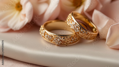 Two elegant  gold rings on a background of beautiful flowers photo