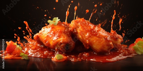 Sizzling chicken drumsticks leap amidst a burst of fiery sauce.