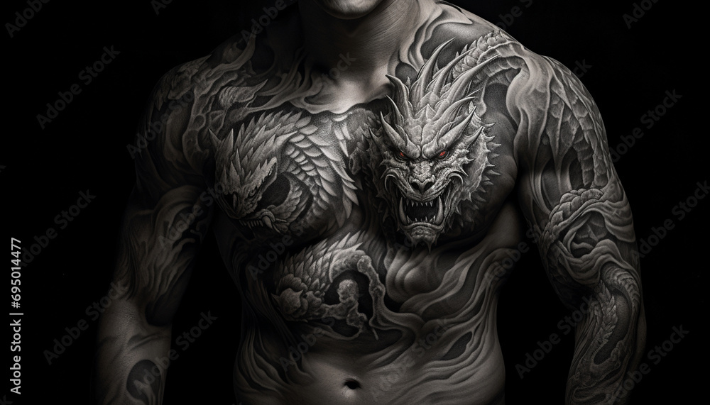 Tattooed man with a dragon on his body over black background