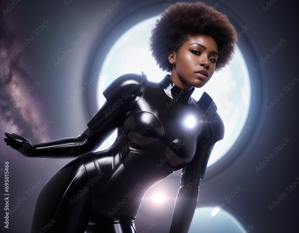 A beautiful black female in a space suit in a cosmic setting A beautiful black female in a space suit in a cosmic setting