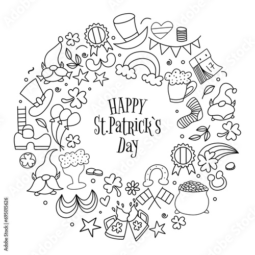 St. Patrick s day vector doodle round set isolated on white background