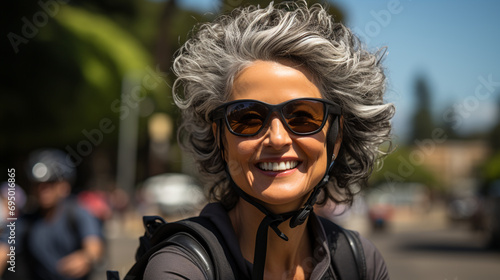A portrait of a female biker smiling for the camer photo