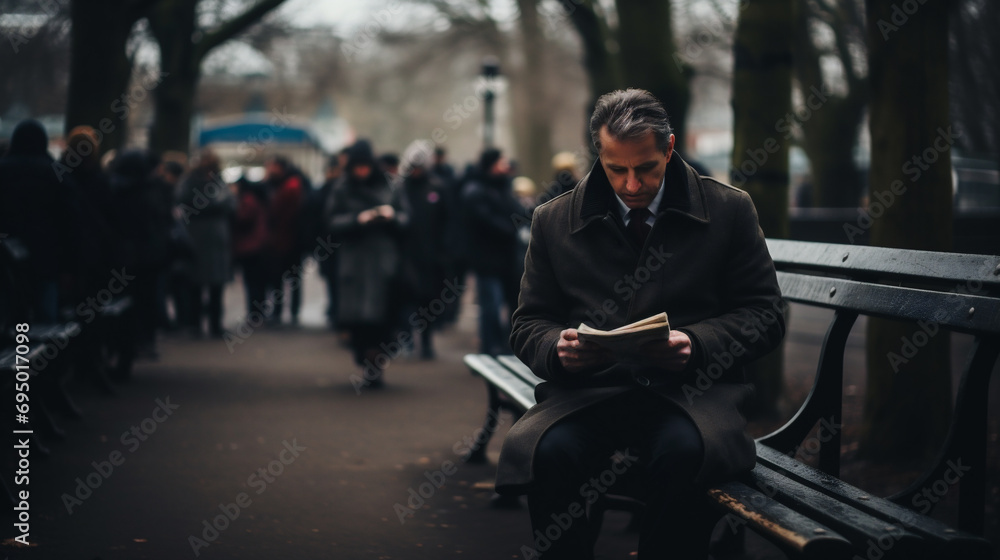  man reading a newspaper on a bench in the city 
