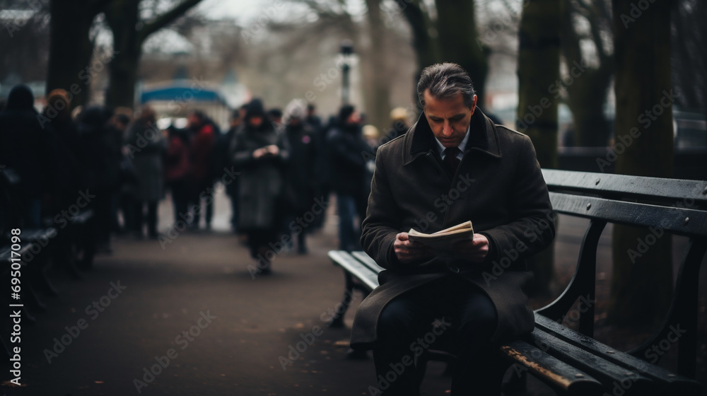 man reading a newspaper on a bench in the city man reading a newspaper on a bench in the city