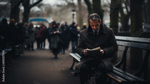  man reading a newspaper on a bench in the city  © Jioo7