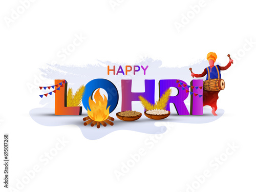 Typograpghy Illustration of Happy Lohri and Baishakhi Holiday Bonfire with Dhol  and Dancing Man