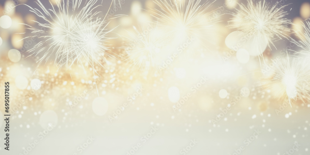 Bright white and gold fireworks at New Year with copy space. comeliness.
