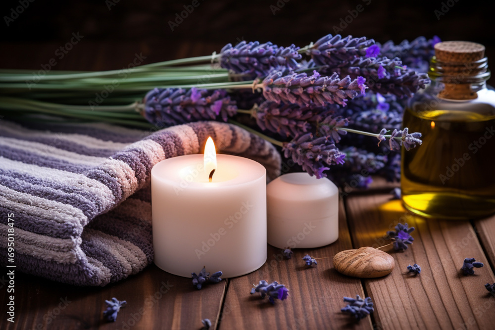 relaxing lavender aromatherapy,still life of folded towels,oil,candles and lavender twigs,on a wooden base,spa industry concept relaxing lavender aromatherapy,still life of folded towels,oil,candles and lavender twigs,on a wooden base,spa industry concept