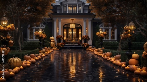 A luxurious front yard with an upscale Halloween theme  including designer pumpkin arrangements