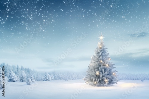 Lone lighted Christmas tree in white snowy landscape