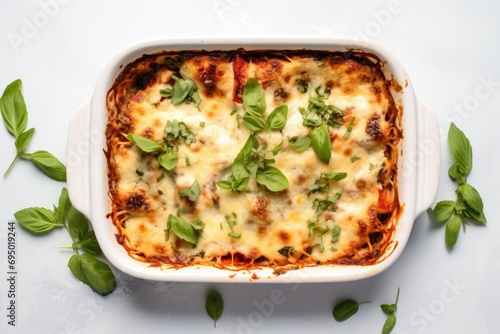 Lasagna in a white baking dish