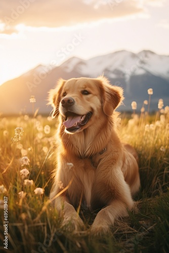 a happy dog basking in the golden hour sunlight frolicking
