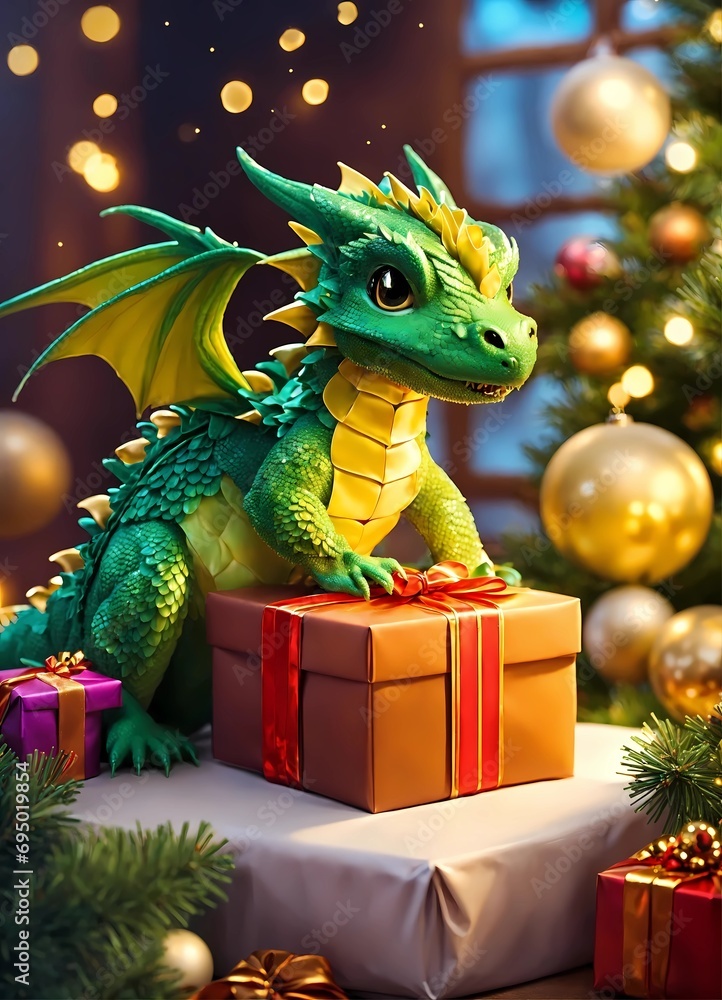 A green dragon with wings brought a green box with gifts for the New Year