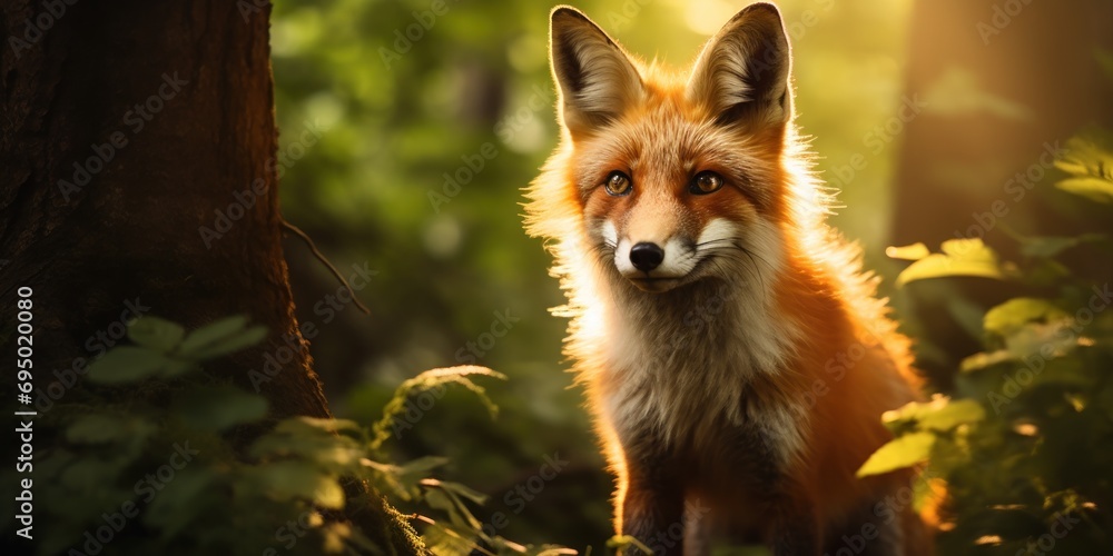 In the forest's hush, a fox's gaze captures the fading light. In the forest's hush, a fox's gaze captures the fading light.