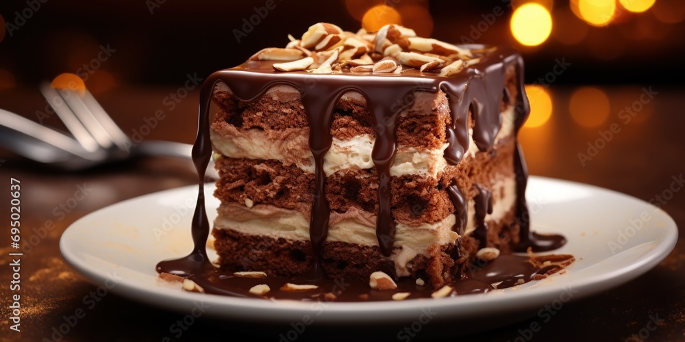 Decadent chocolate cascades over a pastry topped with crunchy almonds. Decadent chocolate cascades over a pastry topped with crunchy almonds.