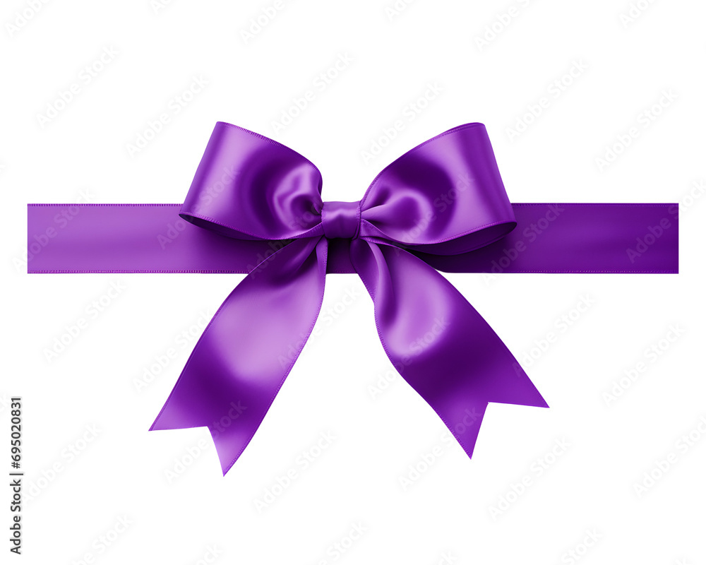 Ribbon for gift box, purple ribbon with bow isolated on transparent background, cut out, png