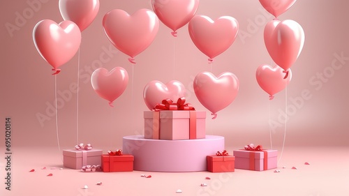 Happy valentines day podium decoration with heart shape balloon, gift box, confetti, 3D rendering illustration 