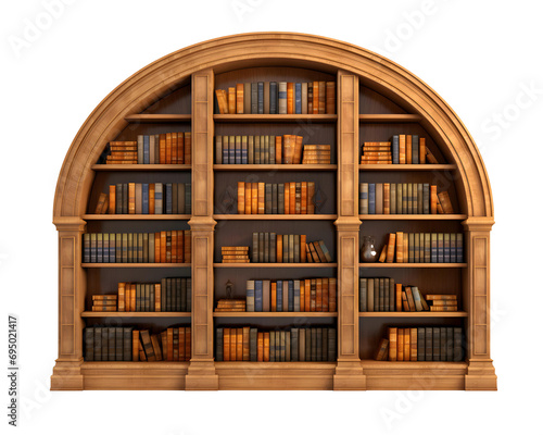books on wooden shelf isolated on transparent background, cut out, png