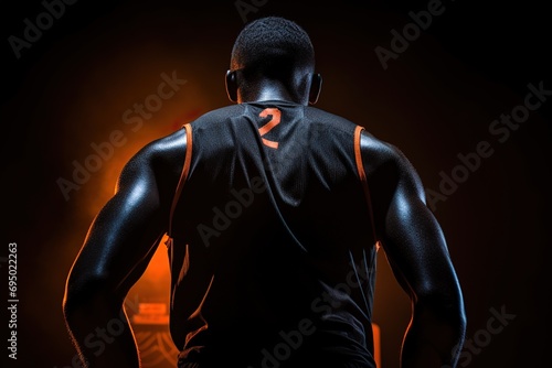 Focused African American athlete ready to play. Rear view of a basketball player in an orange sports uniform in an illuminated stadium preparing for a match