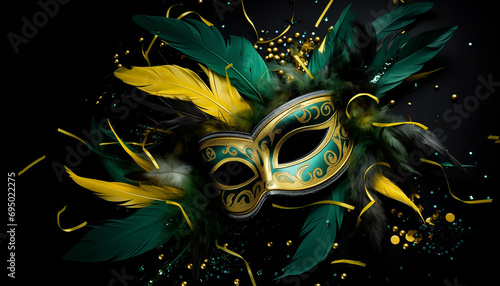 Venetian mask, mardi grass, carnival. With yellow and green feathers masquerade on black background with confetti