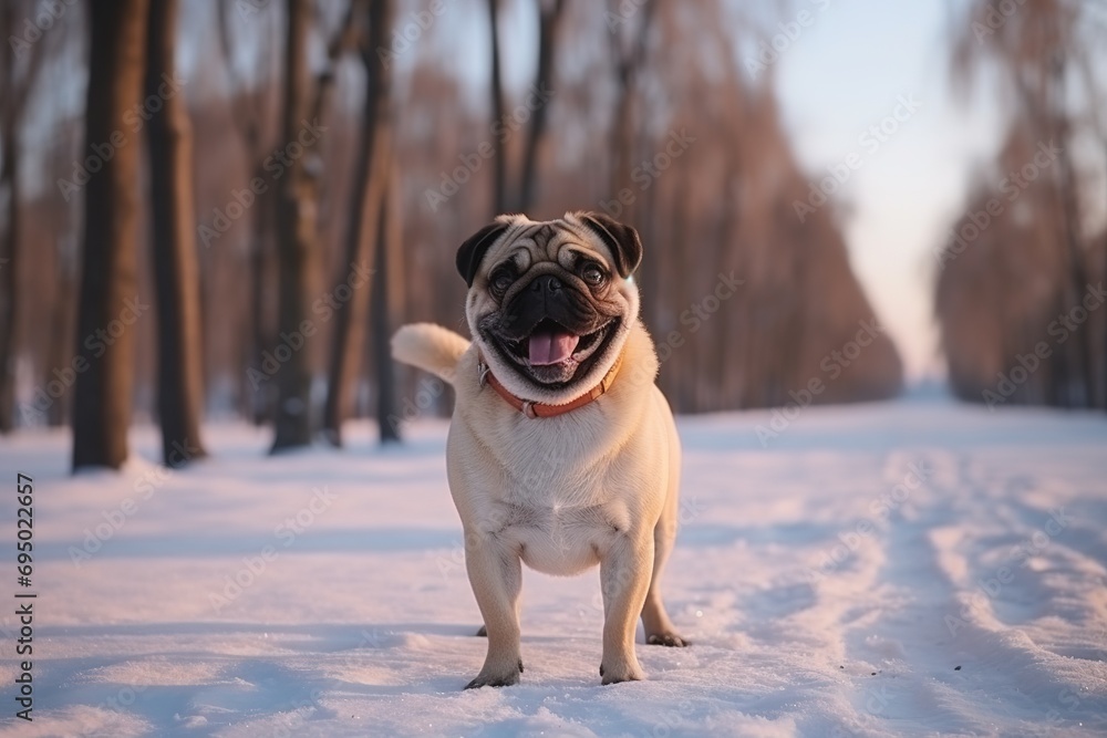Mops im Winter beim Spazieren gehen. Sparziergang draußen im Schnee mit dem Hund am Waldrand. Ausflug mit dem Hund im verschneiten Wald. 