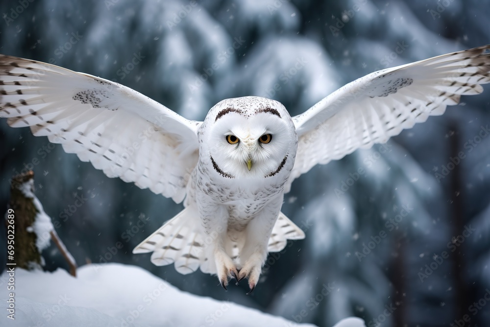 Fototapeta premium Schneeeule im Anflug. Fliegende Eule im Winter im Schnee. 