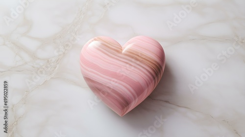 Top View of a pink Heart on a white Marble Background. Romantic Backdrop with Copy Space