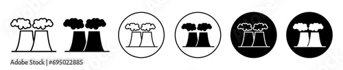 Cooling tower icon. industrial manufacturing plant factory unit with waste gas smoke emission refinery symbol. toxic atomic radiation reactor cooling tower or chimney set. thermal power plant 