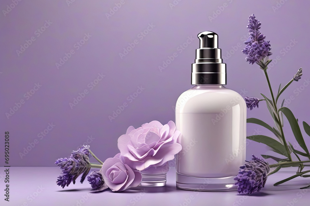 3D facial repair creams Dropper bottle glass jar on elegant lavender stage with paper cut flowers 3D facial repair creams Dropper bottle glass jar on elegant lavender stage with paper cut flowers