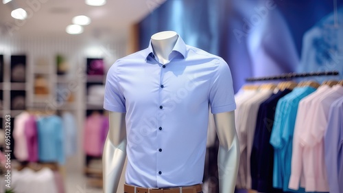 Trendy cotton Men shirt display on mannequin in clothes shop. Summer collection fashion product samples in clothing store for selling. Textile industry and business concept 