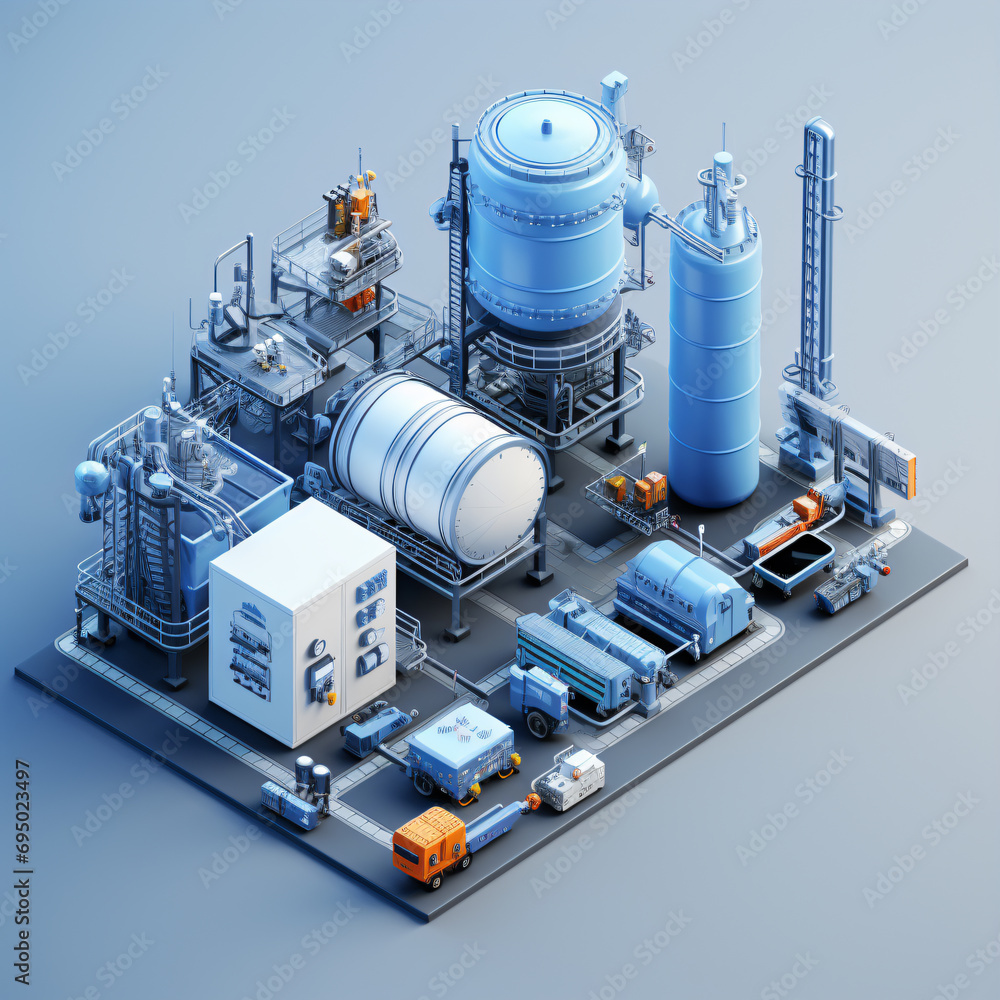 Axonometric diagram of factory or power plant equipment, water supply system, tanks, silos, installation network. Axonometric diagram of factory or power plant equipment, water supply system, tanks, silos, installation network.