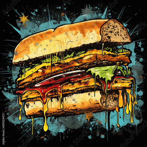 Heavy Distressed Vibrant Grunge Illustration of Delicious Cuisine
