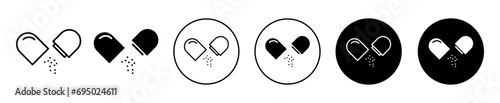 Open Capsule Pill icon. medical pharma medicine capsule pill or tablet for health care logo vector. pouring open capsule pill drug dose of painkiller symbol set sign 