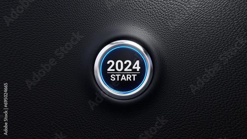 2024 start push button. 2024 start modern car button with blue shine. Concept of planning, start, career path, business strategy, opportunity and change. 3d illustration photo