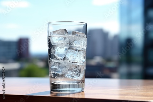 Crystal clear glass of ice-cold water on a light sky-blue background. Refreshing, pure, and transparent with condensation droplets. Simple, minimalistic, and tranquil still life