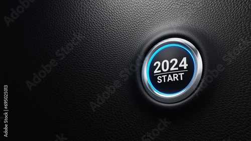 2024 start push button. Planning, start, career path, business strategy, opportunity and change concept.  2024 start modern car button with blue shine. 4k 3d loop animation photo
